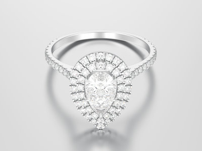 3D illustrationsilver decorative pear diamond ring on a grey background